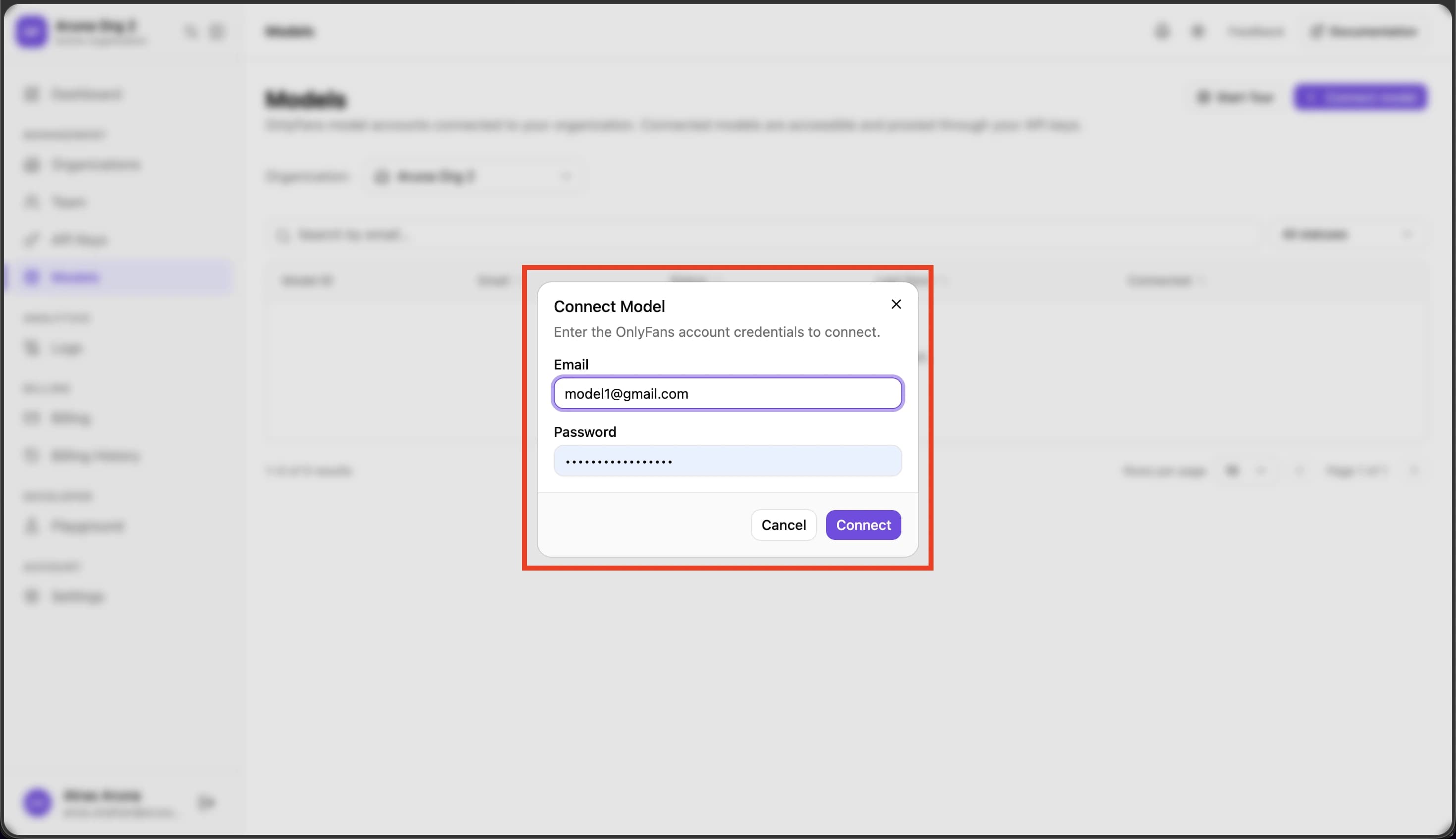 Connect Model form with email and password fields