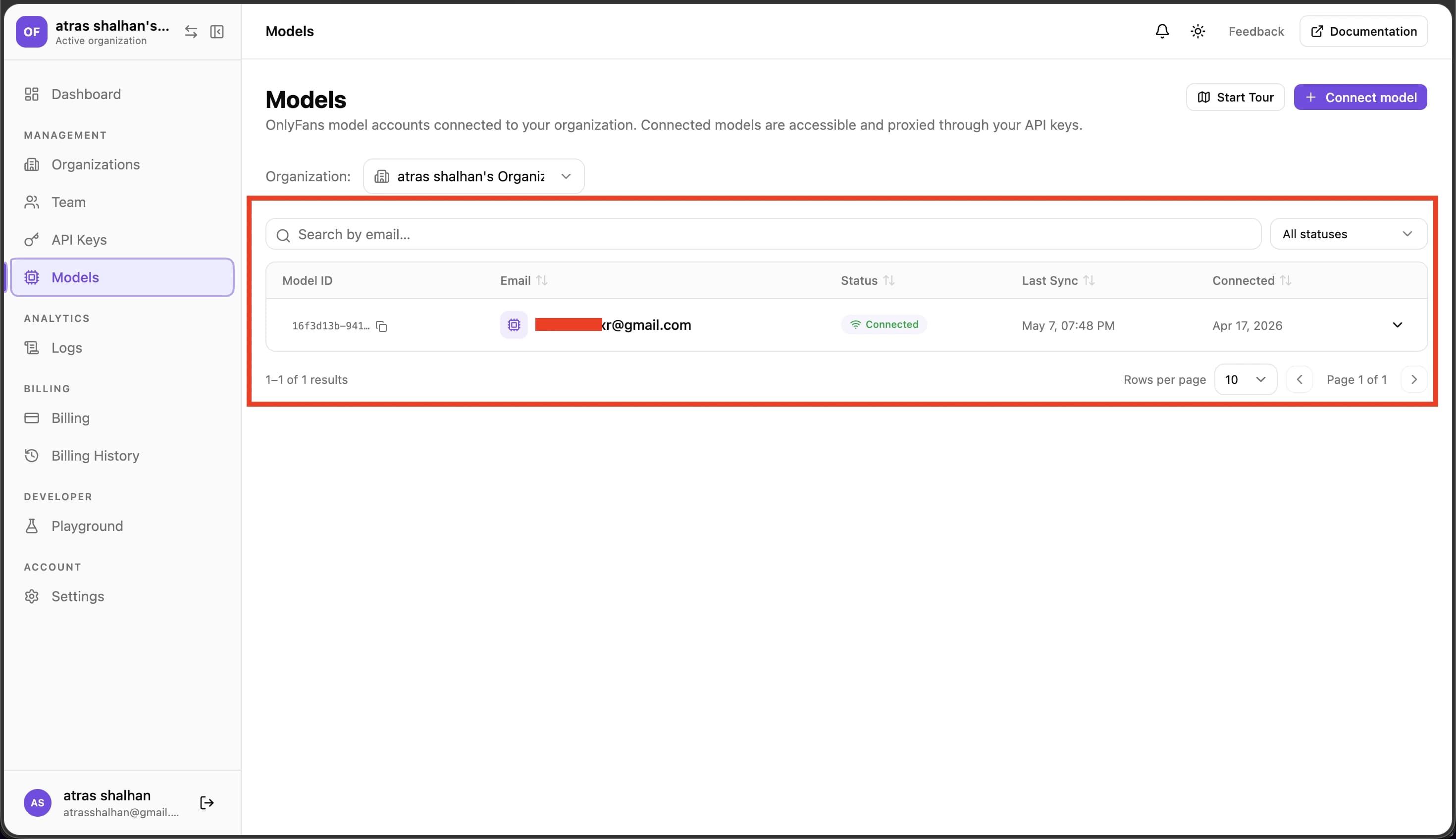 Models list showing connected model with Connected status