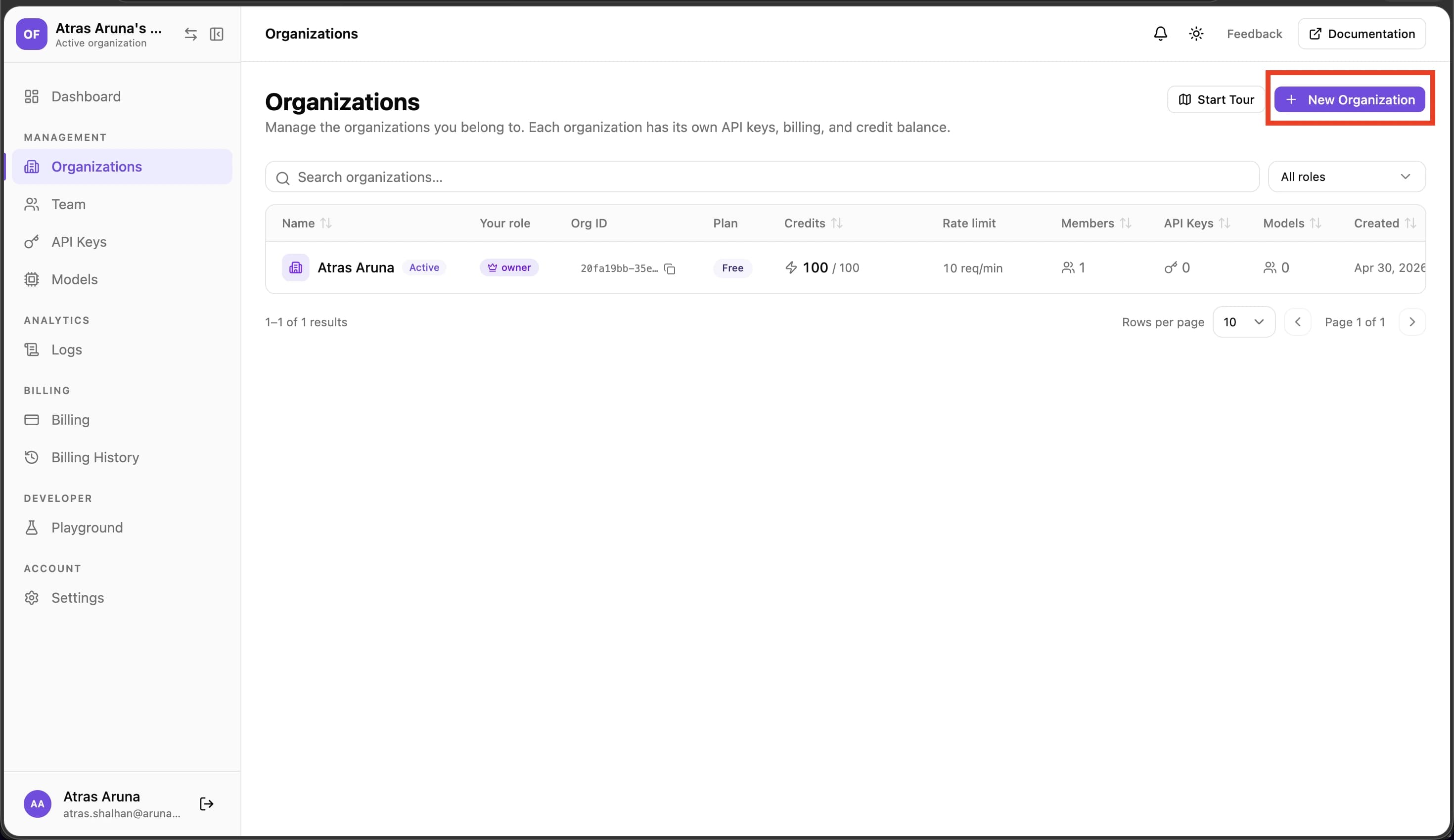 Organizations page with New Organization button highlighted