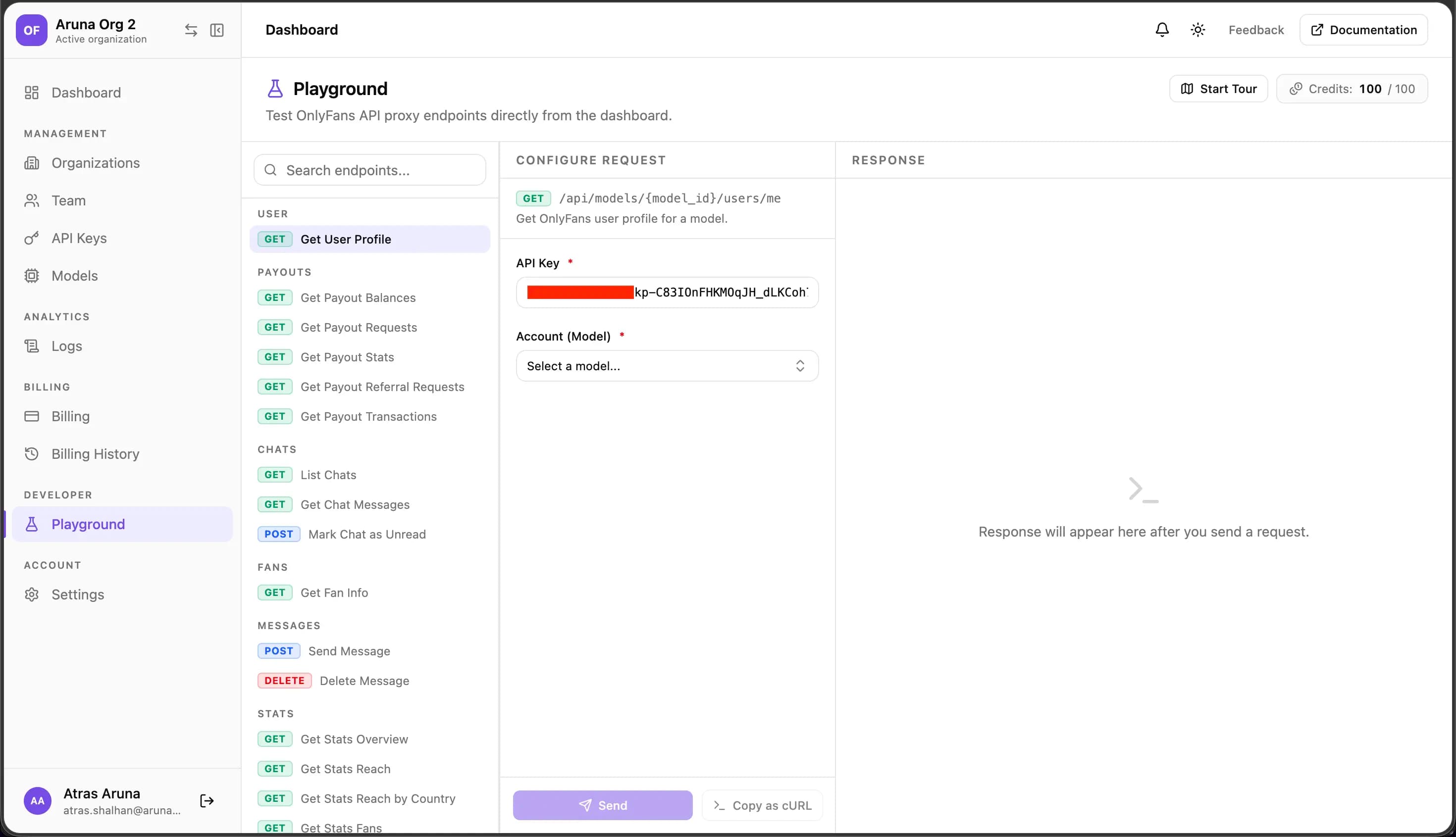 Playground page with endpoint selected and Send button