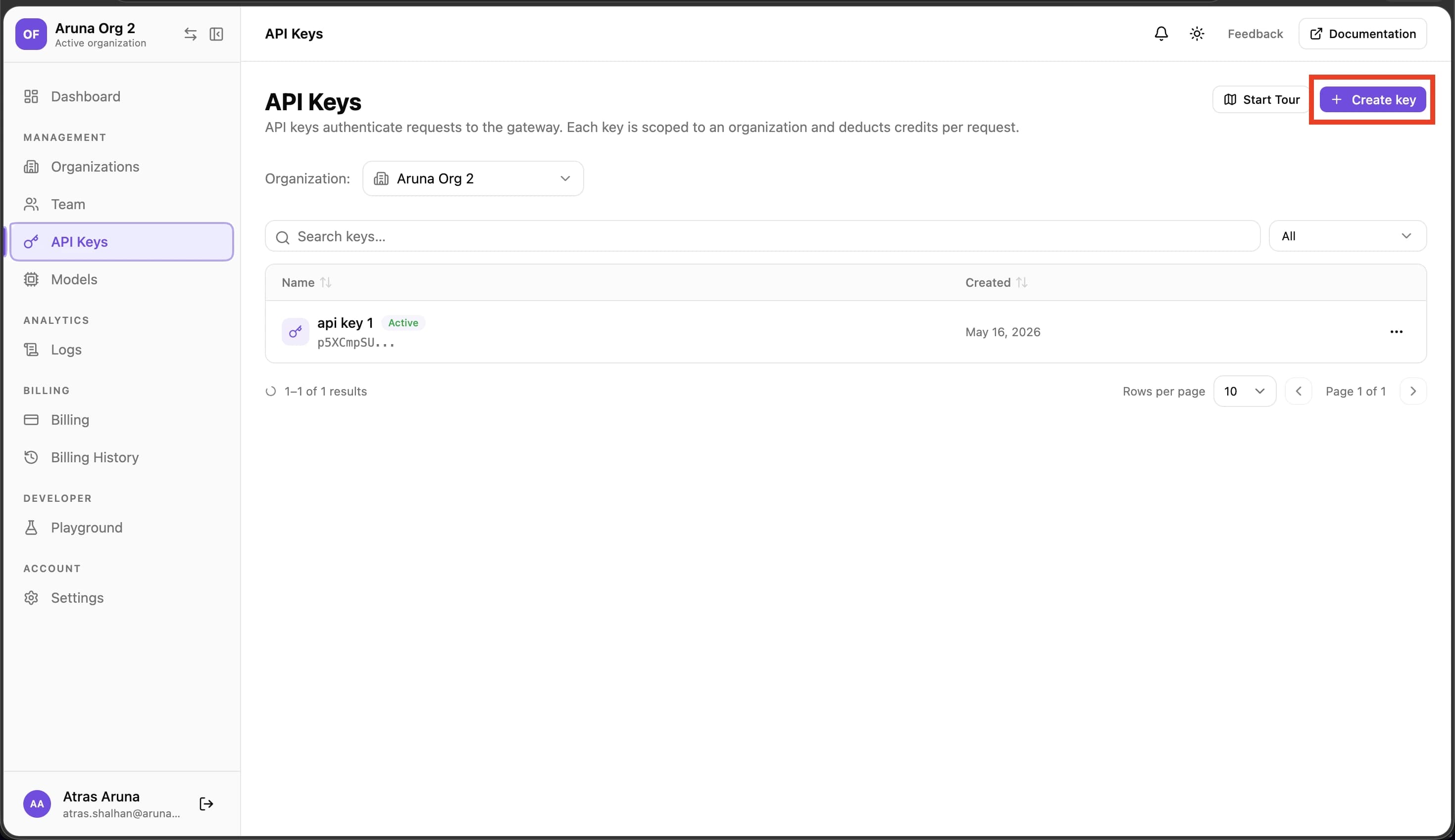 API Keys page with Create key button highlighted