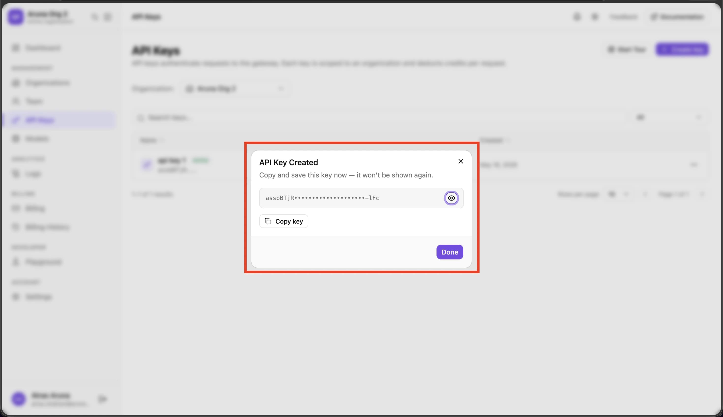 API Key Created modal showing the new key with Copy button